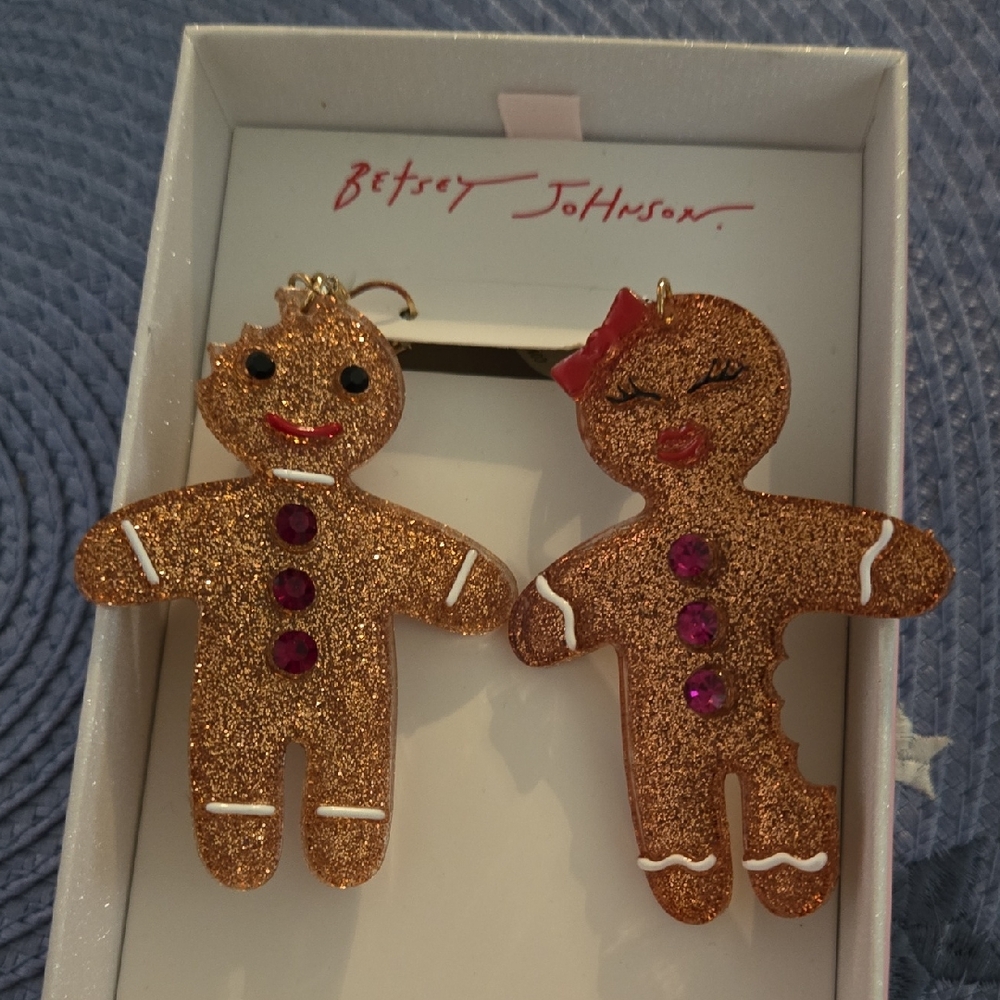 Betsey Johnson Glittery Gingerbread Earrings with Red and Purple Accents